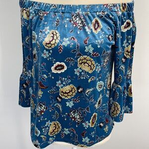 Off the Shoulder Blue Floral “velvet” top